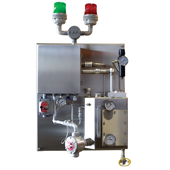 Industrial lubrication system featuring a stainless steel panel with pressure gauges, valves, and dual warning lights, designed for efficient lubrication management in manufacturing environments.