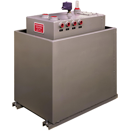 High-pressure lubrication system with a robust gray metal tank featuring multiple control ports and a pressure gauge, designed for efficient circulating oil management in industrial applications.