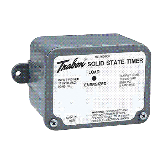 Solid state timer from Trabon, designed for industrial lubrication systems, featuring input power of 115/230 VAC and a maximum output load of 5 amps.
