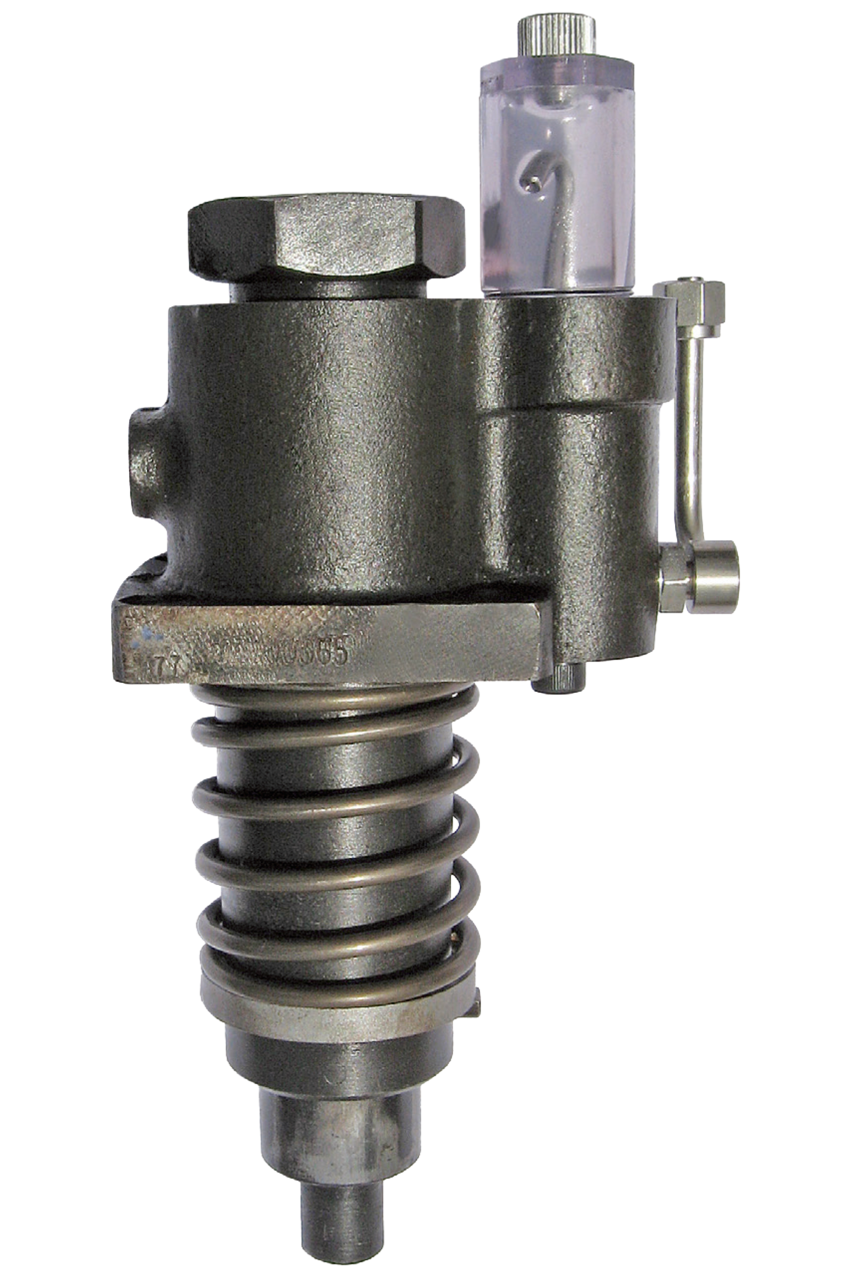 Industrial lubrication pump with a metal housing, spring mechanism, and transparent oil reservoir, designed for efficient lubrication in machinery.