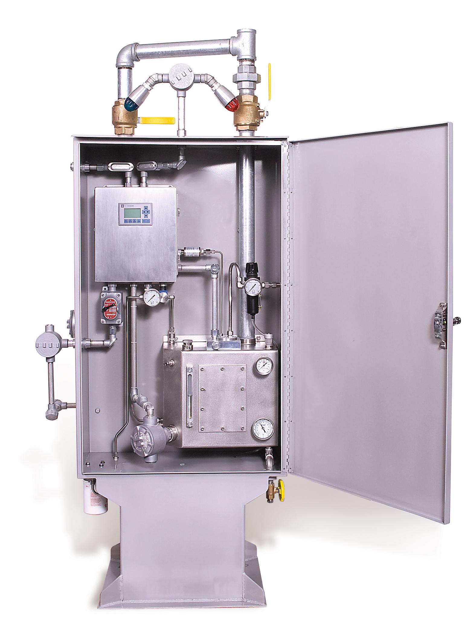 Industrial lubrication system with stainless steel cabinet, featuring a control panel, pressure gauges, and piping for efficient lubrication management. Ideal for enhancing machinery performance and reducing wear.
