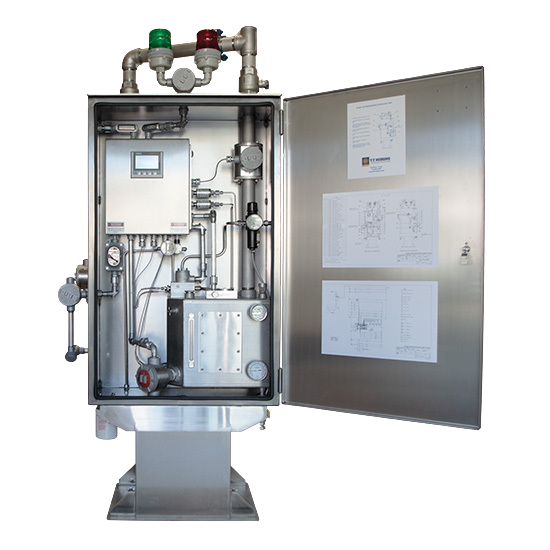 Industrial lubrication system control panel with stainless steel enclosure, featuring pressure gauges, electronic controls, and schematic diagrams for efficient lubrication management.
