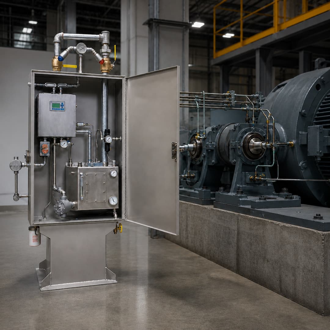 Industrial lubrication system featuring a stainless steel cabinet with visible piping and gauges, designed for efficient machinery maintenance in a factory setting.