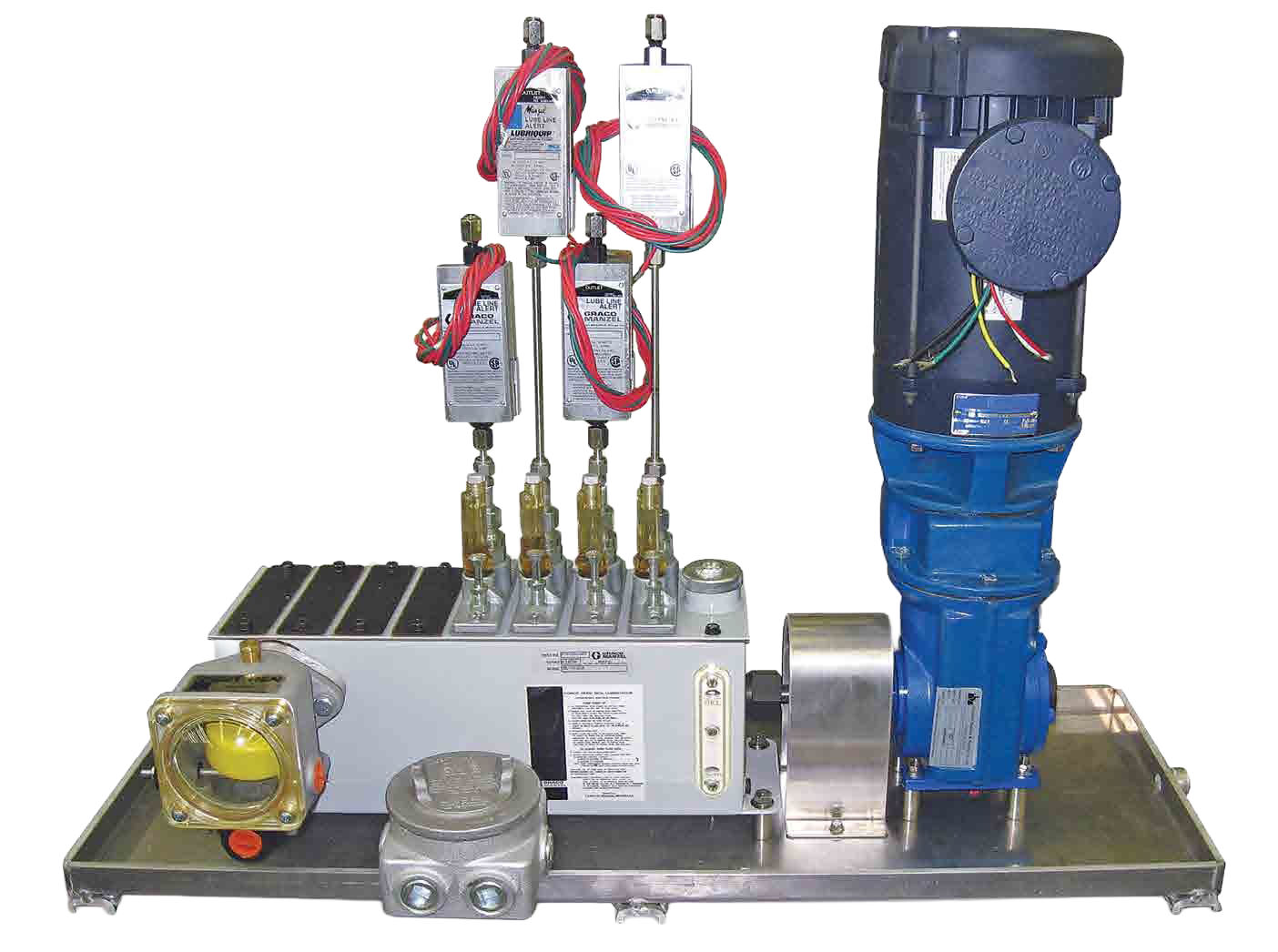 Industrial lubrication system featuring multiple grease dispensers, a motor, and a control panel, designed for efficient lubrication in machinery applications.