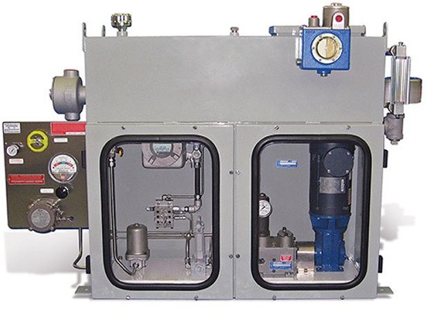 Industrial hydraulic power unit featuring a dual compartment design with pressure gauges, control valves, and an electric motor for efficient fluid power management. Ideal for various industrial applications requiring reliable hydraulic systems.