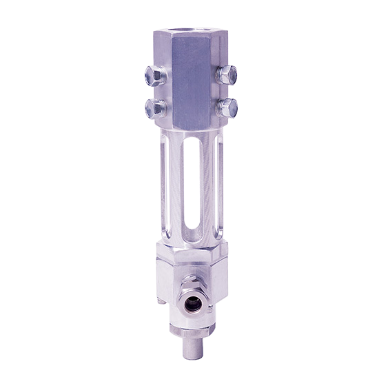 Industrial lubrication product featuring a metal lubrication valve with a sleek design, showcasing multiple connection points and a transparent chamber for fluid visibility. Ideal for enhancing machinery efficiency and performance in industrial applications.