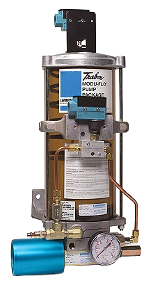 Industrial lubrication pump showcasing the Modu-Flo design, featuring a transparent reservoir, pressure gauge, and fluid delivery system, ideal for efficient lubrication in machinery and equipment.