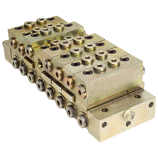 Industrial lubrication products featuring a multi-port valve assembly, designed for efficient fluid distribution in machinery. The metallic components highlight durability and precision engineering, essential for optimal lubrication in industrial applications.