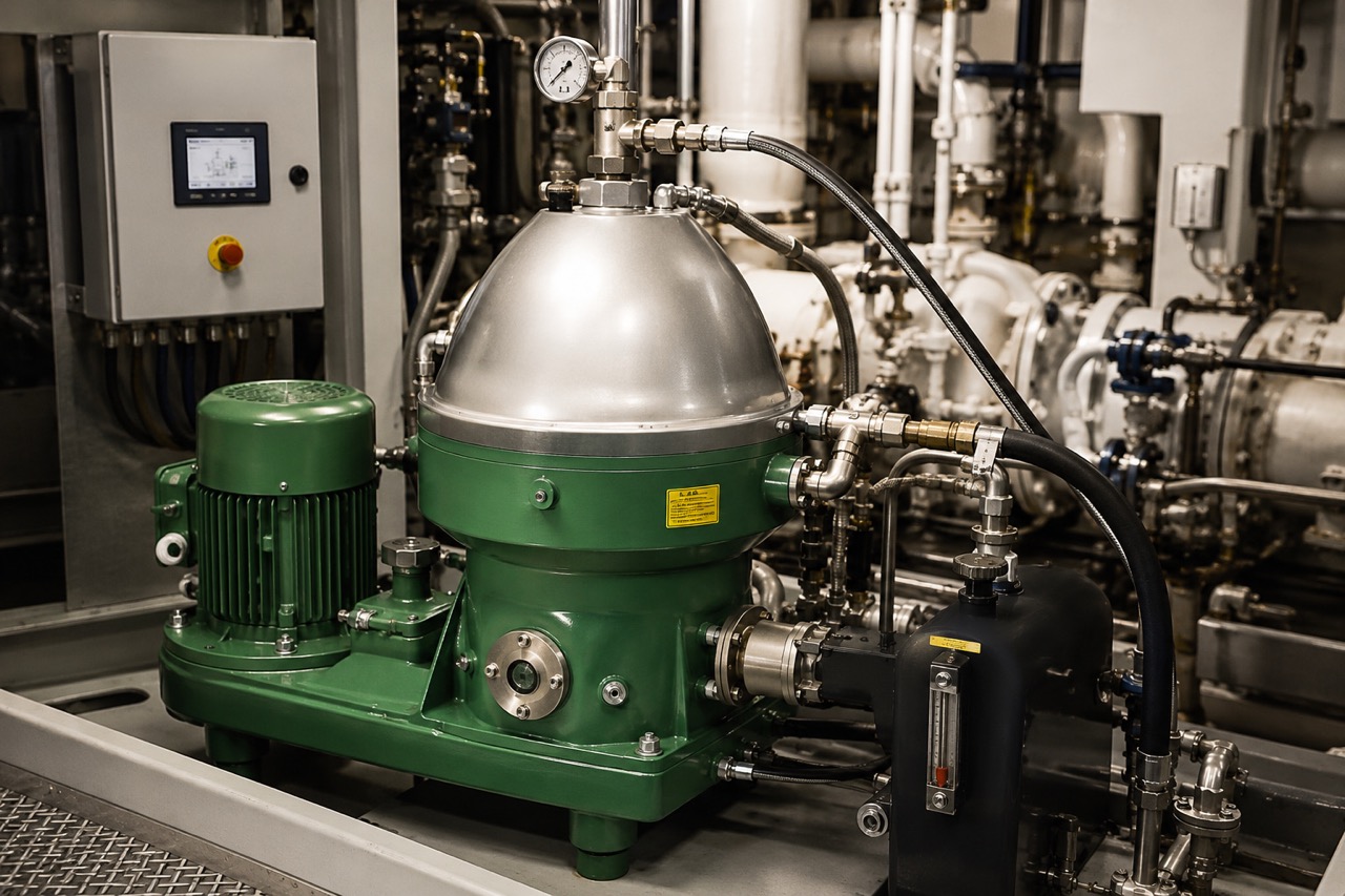 Industrial centrifuge with a green motor and silver dome, surrounded by complex piping and control panel in a machinery setting, showcasing advanced engineering for fluid separation processes.