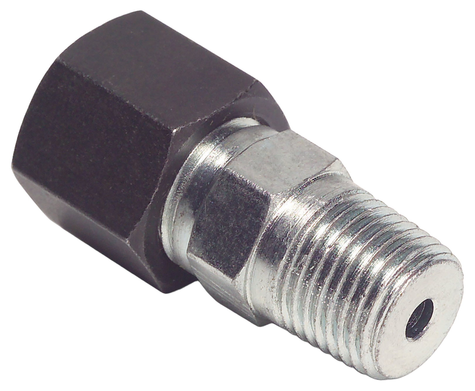 Industrial lubrication fitting made of metal, featuring a hexagonal nut and threaded end for secure attachment, ideal for machinery maintenance and lubrication systems.
