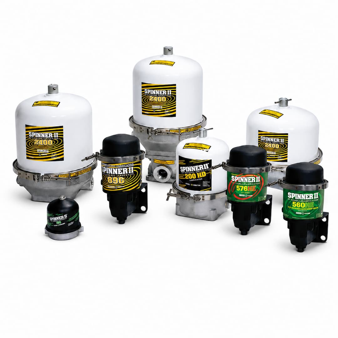 Image featuring a variety of Spinnerit air filters for fleet trucking, including models 2400, 200 HD, 89C, 576 HE, and 560 HE, showcasing their distinct designs and labeling for efficient air filtration solutions.