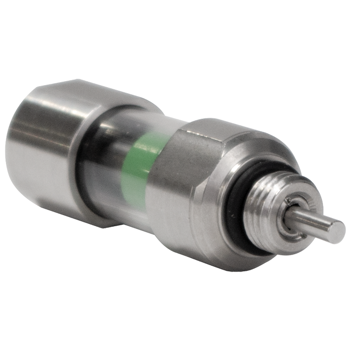Industrial lubrication product featuring a stainless steel injector with a transparent body and a green indicator. Ideal for efficient lubrication in various machinery applications.