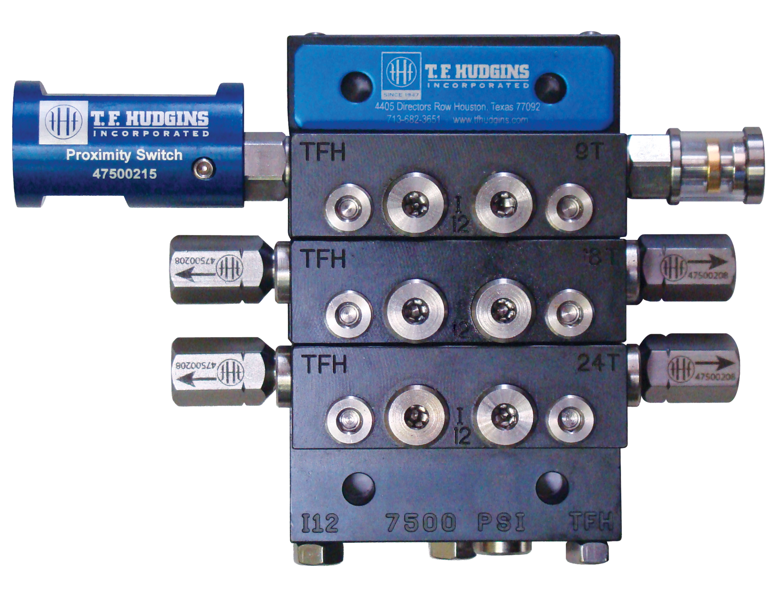 Industrial lubrication manifold featuring a proximity switch, designed for high-pressure applications up to 7500 PSI, manufactured by T.F. Hudgins.