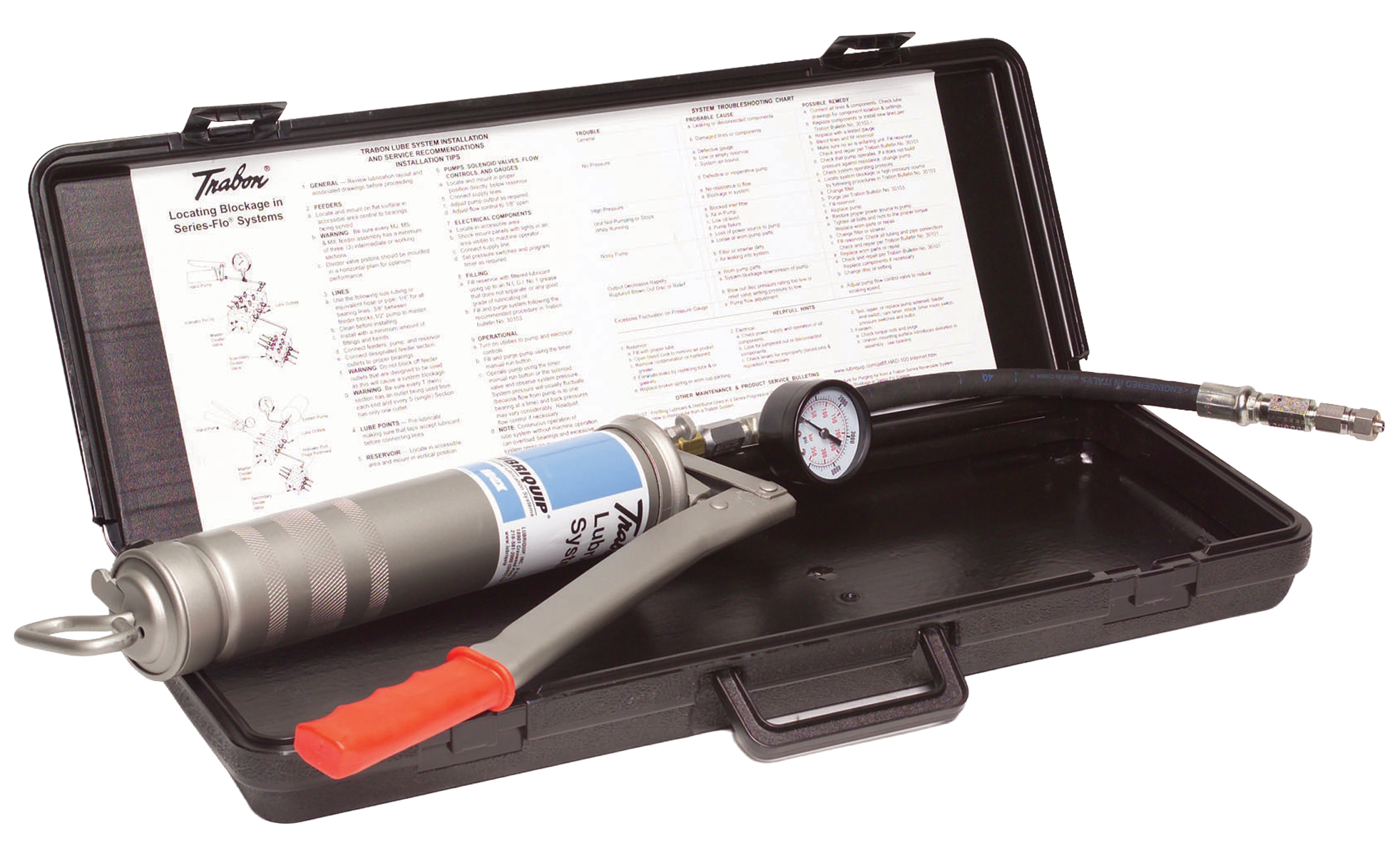 Industrial lubrication equipment featuring a grease gun with a pressure gauge, housed in a protective case with installation instructions for lubrication systems. Ideal for maintenance and troubleshooting in industrial settings.