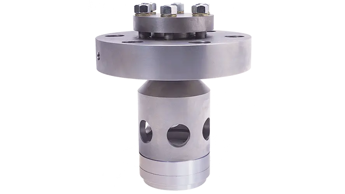 High security valve restraint featuring a robust metallic design with a flanged top and perforated body for enhanced stability and safety in industrial applications.