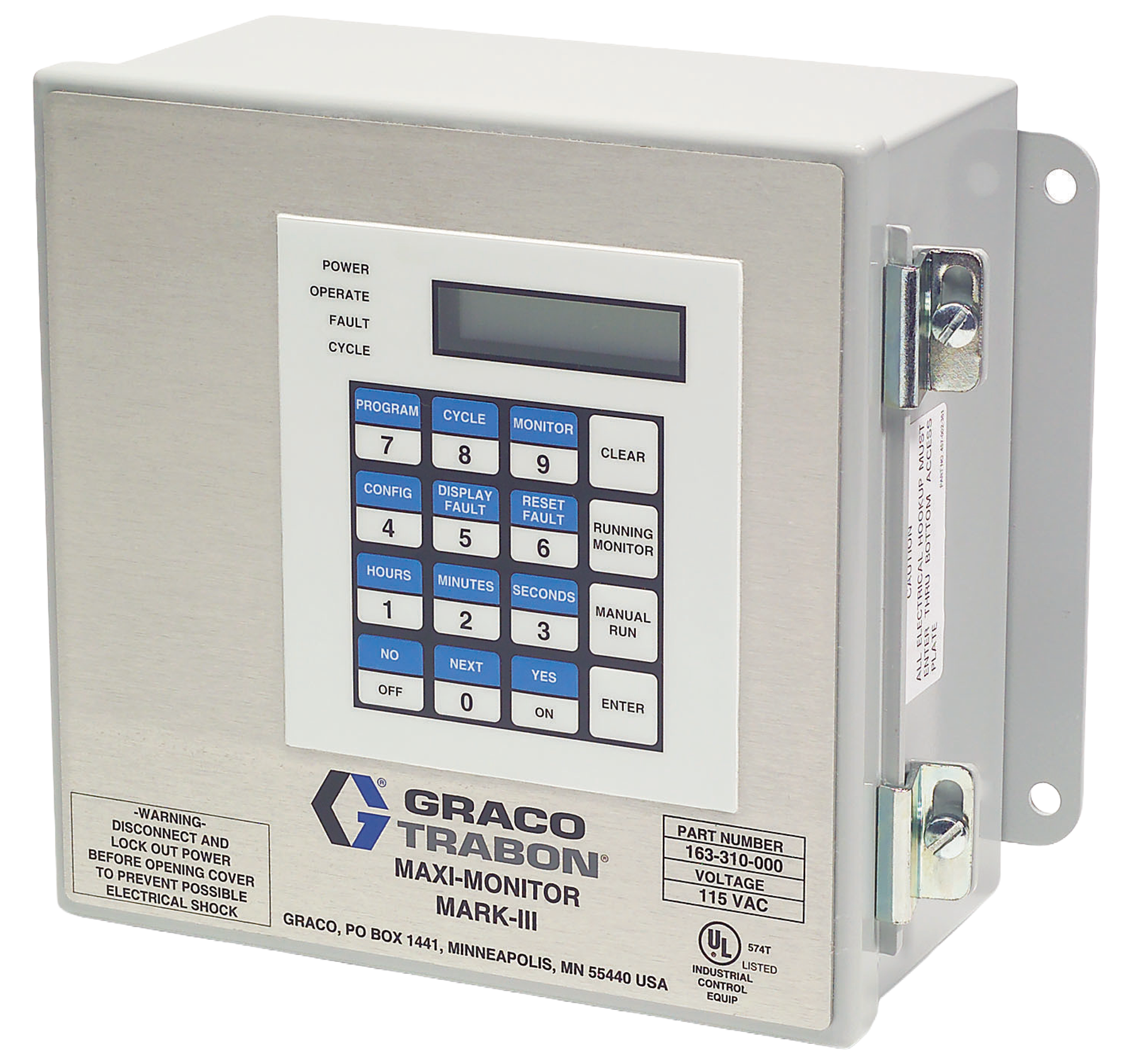 Industrial lubrication control panel featuring a Graco Trabon Maxi-Monitor Mark-III, with a digital display and keypad for programming and monitoring lubrication cycles, designed for efficient operation in industrial settings.