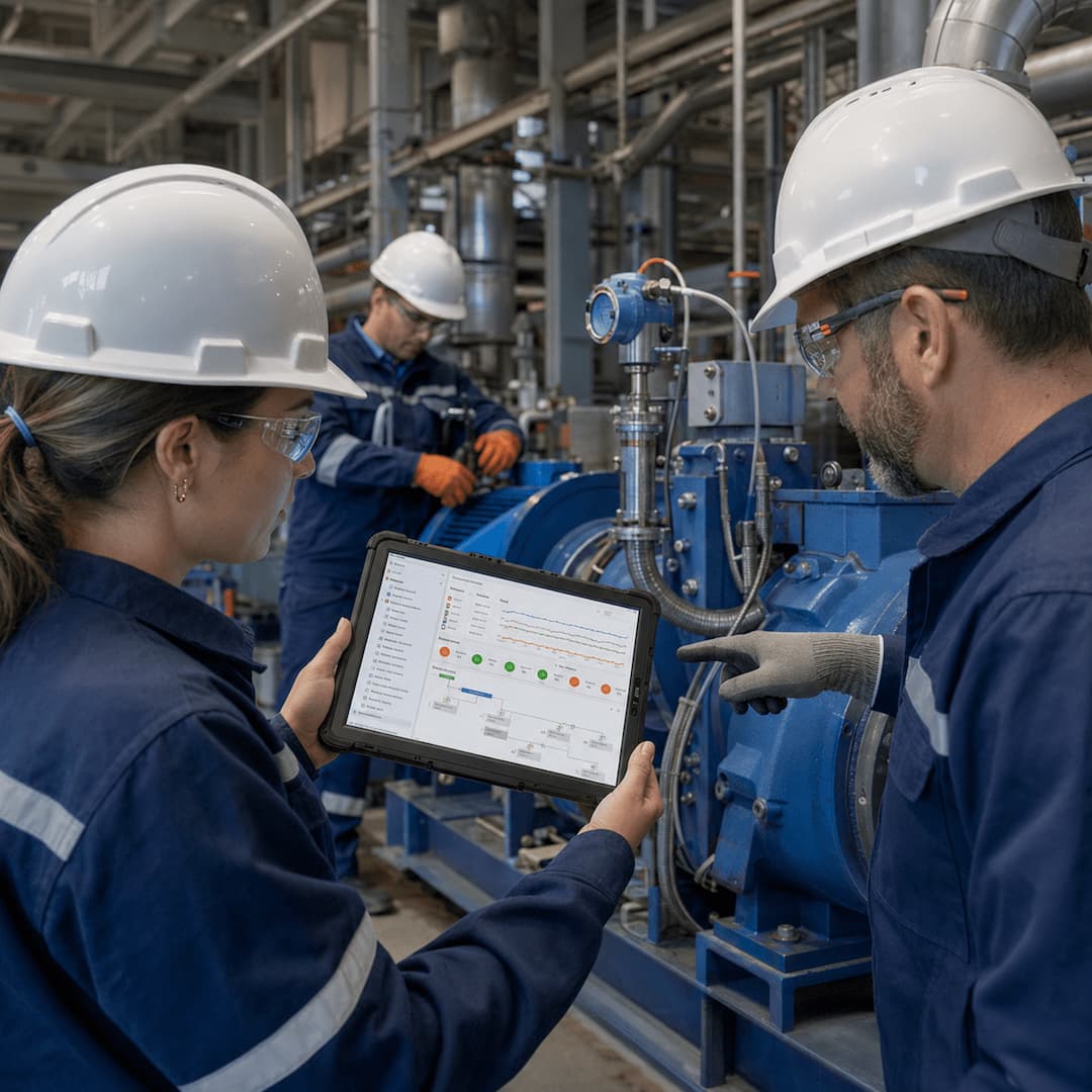 Two engineers in hard hats examine a tablet displaying condition monitoring data in a manufacturing facility, highlighting the integration of Asset Performance Management (APM) and Enterprise Asset Management (EAM) systems.