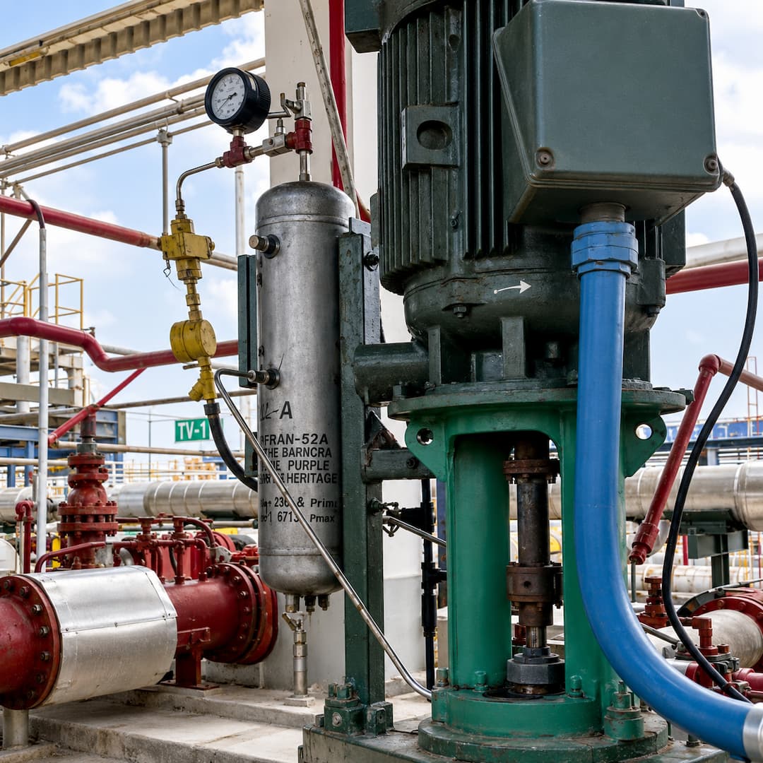 Close-up of an industrial lubrication system featuring a motor, pressure gauge, and various pipes, illustrating the components essential for efficient machinery operation in a facility.