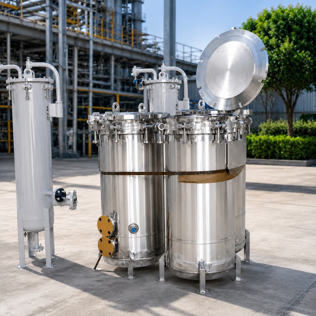 Industrial cartridge filters made of stainless steel, showcasing a dual-chamber design with various inlets and outlets, set against a backdrop of a manufacturing facility.