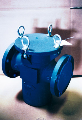 Cast strainer with multiple inlet and outlet connections, featuring a secure top with lifting rings for easy installation and maintenance. Ideal for filtering debris in various fluid systems.