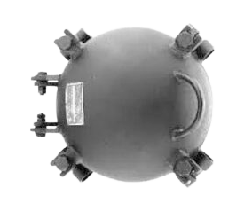 Top view of a quick opening closure, showcasing its spherical design and securing bolts, commonly used in industrial applications for efficient access and maintenance.