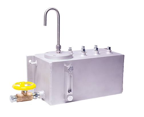 Lubrication system component featuring a silver oil reservoir with a yellow valve, designed for efficient fluid management in machinery.