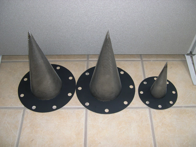 Cone strainers in three sizes, featuring a conical design and perforated metal mesh for effective filtration, designed for startup and temporary pipeline protection.