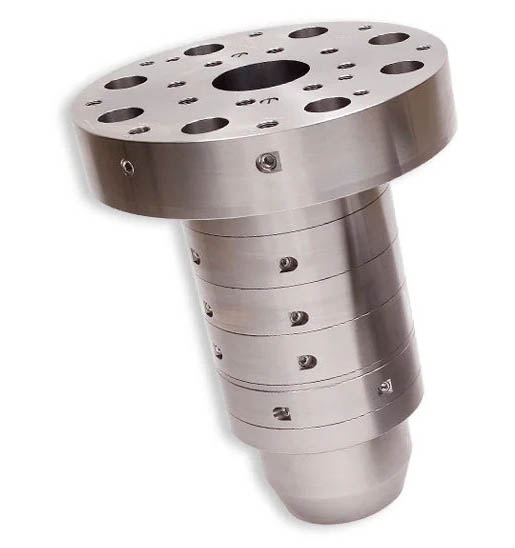 Stainless steel emissions solution component featuring a cylindrical design with multiple holes for efficient gas flow management. Ideal for industrial applications focused on reducing emissions.