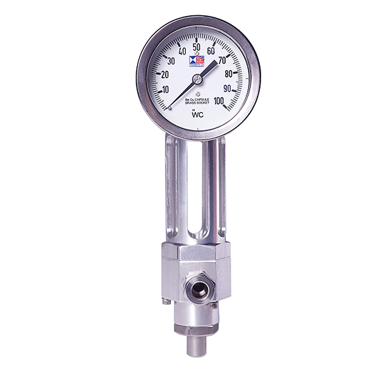 Industrial lubrication pressure gauge for monitoring fluid levels, featuring a clear dial with a range from 0 to 100 inches of water column (WC) and a robust metallic body for durability.