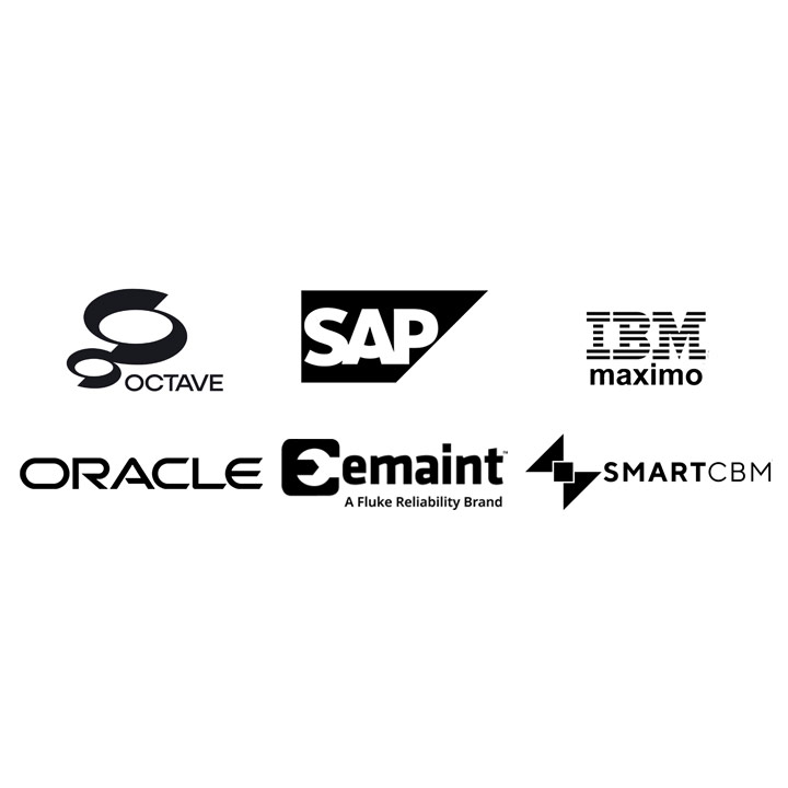 Logos of leading companies in asset performance management (APM) and enterprise asset management (EAM) including Octave, SAP, IBM Maximo, Oracle, eMaint, and SMARTCBM, representing their collaboration in condition monitoring solutions.