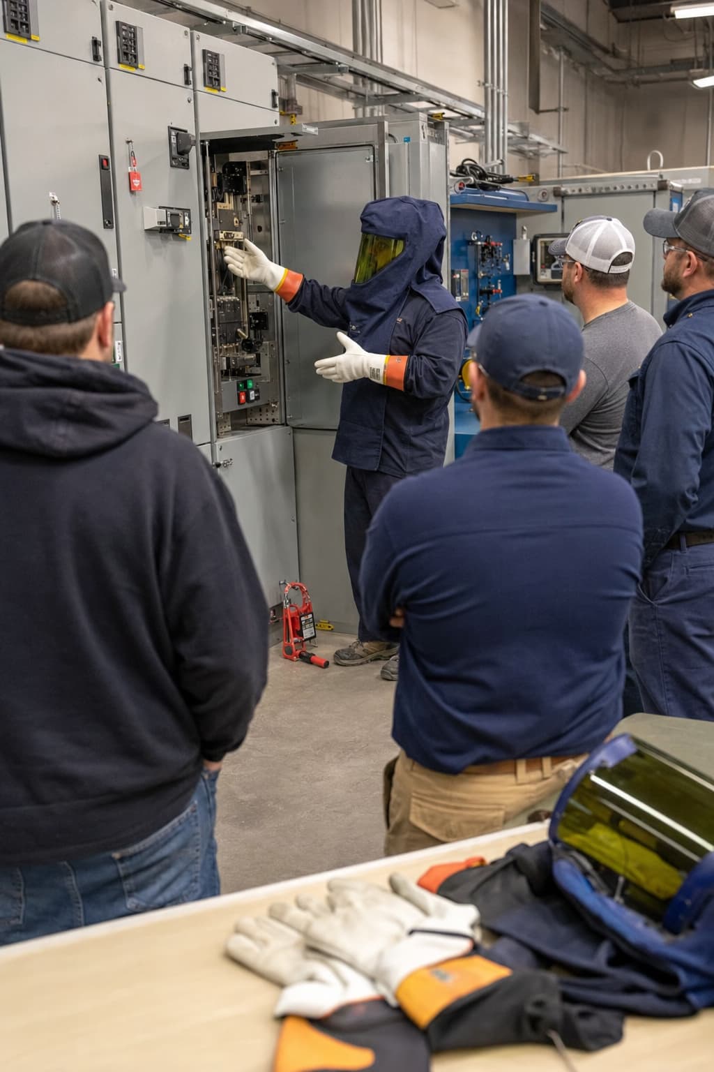 Electrician conducting a safety training session on electrical equipment, demonstrating proper techniques while wearing protective gear, with attentive trainees observing in a workshop setting.