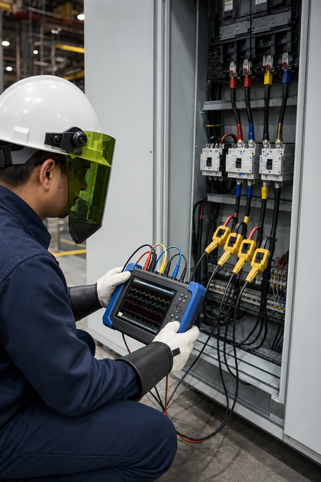 Technician wearing a hard hat and face shield using a digital multimeter to diagnose electrical components inside a control panel, showcasing safety and precision in industrial maintenance.