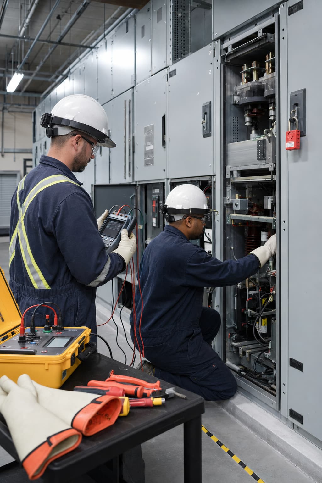 Two electrical technicians in safety gear work on equipment in a modern industrial setting. One technician uses a multimeter to test electrical components, while the other inspects wiring inside a control panel. Tools and safety gloves are neatly arranged on a nearby table.