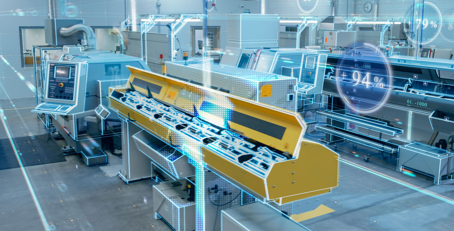 Advanced manufacturing facility showcasing automated machinery with digital overlays displaying efficiency metrics and operational statistics. The image highlights a yellow machine, control panels, and a modern workspace designed for precision manufacturing processes.