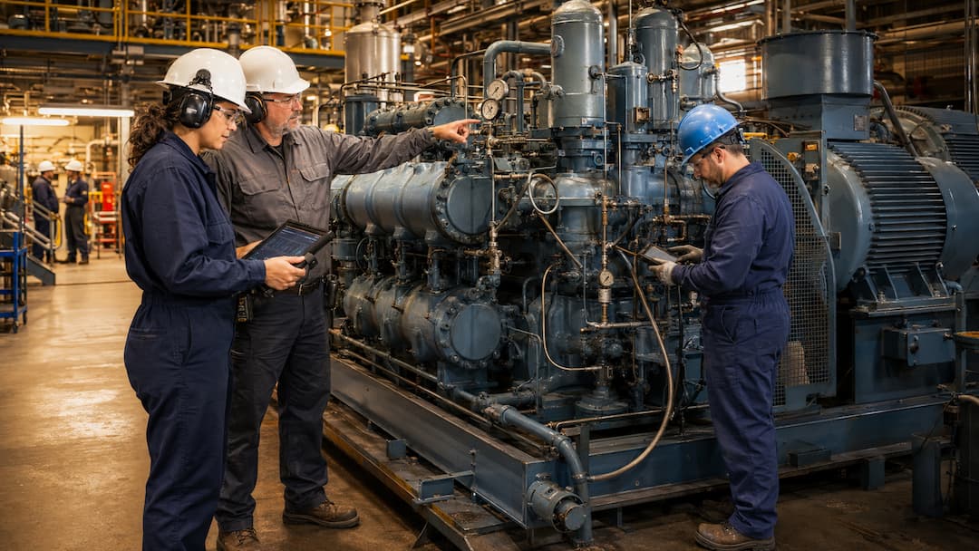 Three engineers in safety gear inspect a large industrial machine in a manufacturing facility. One engineer is using a tablet to take notes, while another points at a gauge on the machine. The environment is well-lit, showcasing various machinery and equipment in the background.