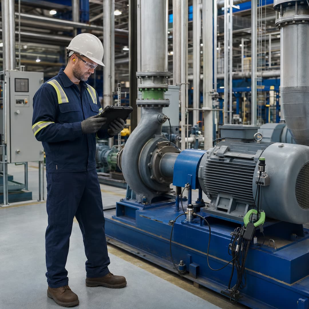Worker in a safety helmet and gloves using a tablet to monitor equipment in an industrial energy management facility, surrounded by pipes and machinery, emphasizing energy efficiency and operational oversight.