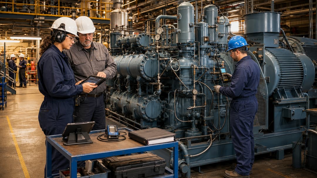 Two engineers in safety gear inspect industrial machinery in a manufacturing facility. One engineer uses a tablet while the other checks measurements on the machine. The scene highlights teamwork and technology in industrial operations.