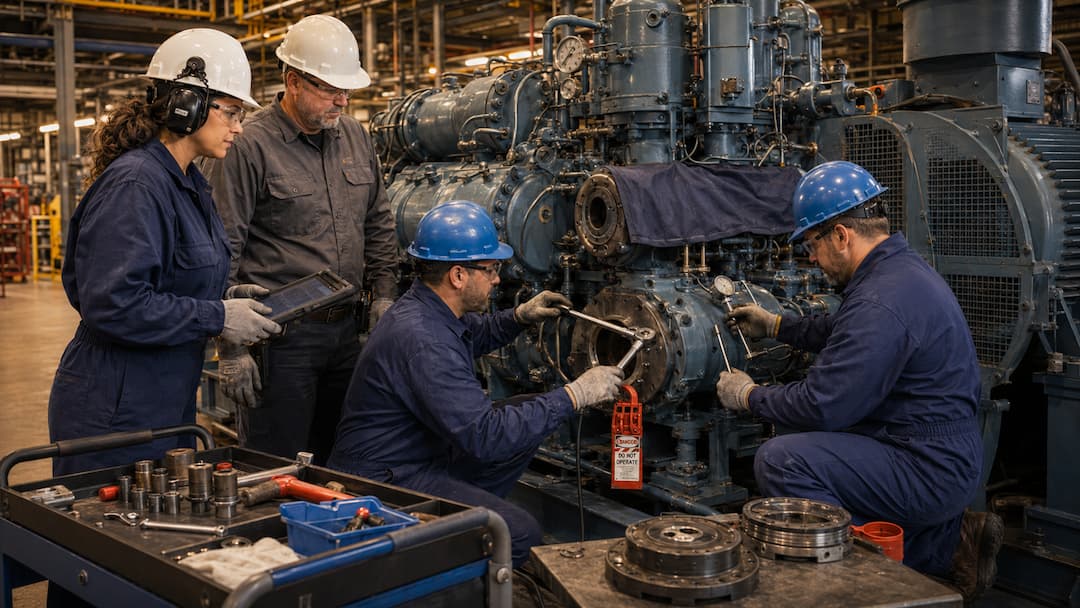 A team of four industrial workers in blue coveralls and hard hats is engaged in mechanical maintenance on a large industrial machine. One worker is using a tablet, while two others are inspecting components with tools. A workbench with various tools is visible in the foreground, highlighting a collaborative effort in a factory setting.