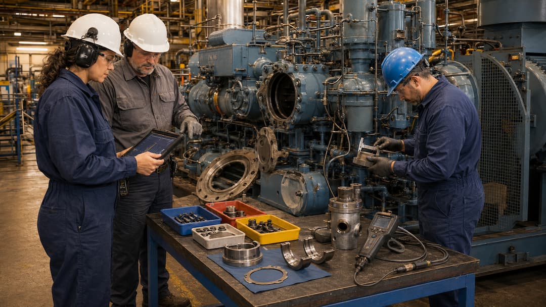 Three industrial workers in safety gear collaborate on machinery maintenance in a factory setting. One worker uses a tablet while another examines a part, with tools and components organized on a table. A large industrial machine is visible in the background, highlighting a hands-on approach to engineering and repair.