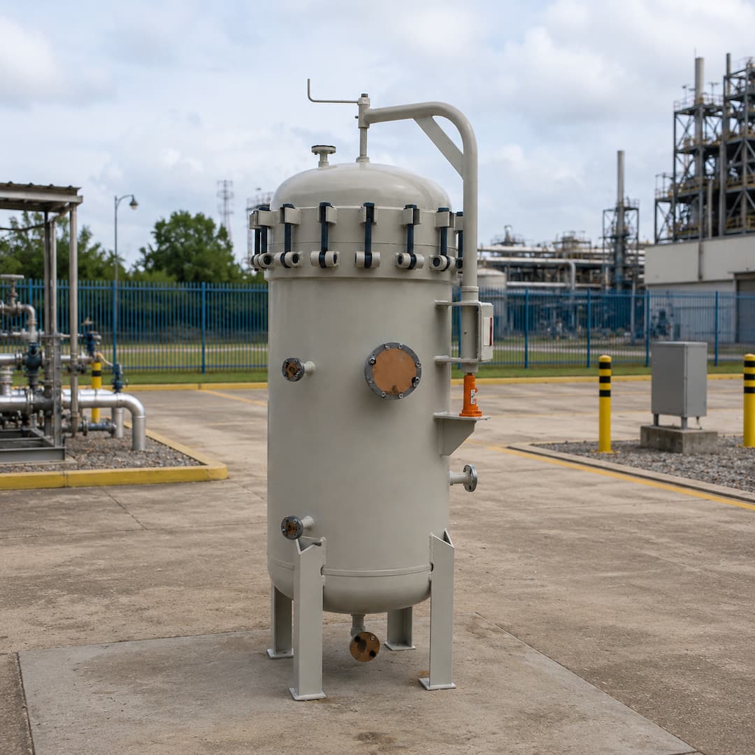 Industrial bag filter vessel standing on a concrete surface, designed for efficient filtration in processing facilities, with visible inlet and outlet connections.