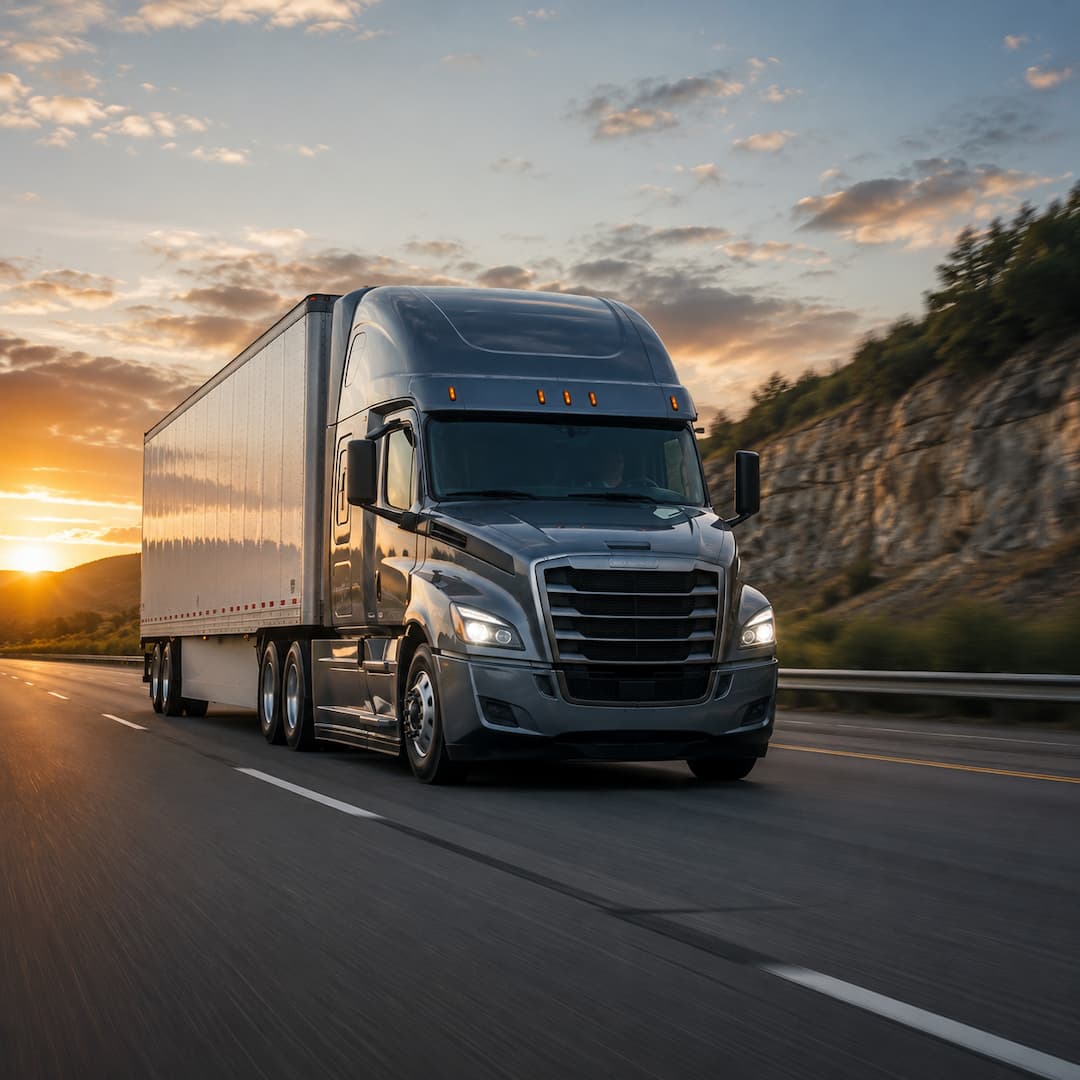 A sleek black semi-truck with a shiny trailer drives on a highway during sunset, showcasing the efficiency and reliability of fleet trucking services.