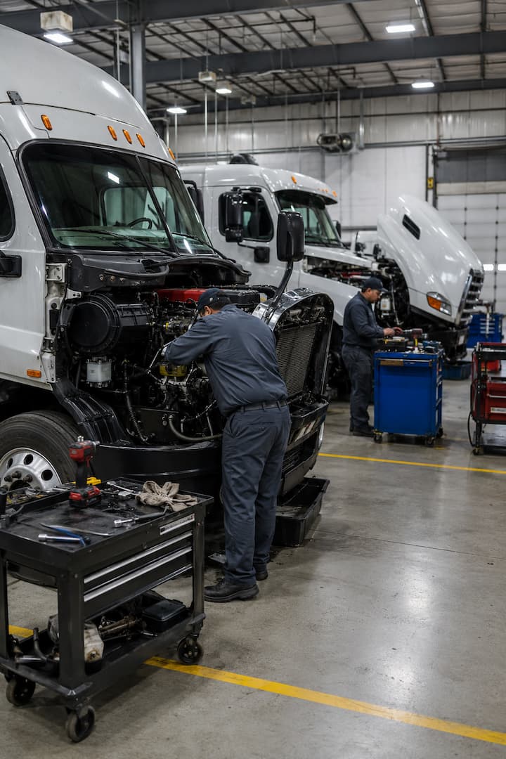 Mechanics working on fleet trucks in a well-equipped garage, focusing on engine repairs and maintenance, with tools and equipment organized on mobile carts.