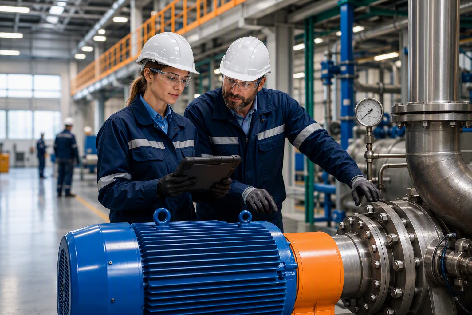Two industrial workers in safety gear, including hard hats and gloves, review data on a tablet while standing next to a large blue electric motor and a metallic pipeline system in a factory setting.