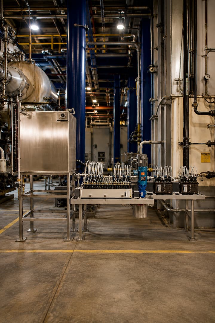 Industrial lubrication systems setup featuring a stainless steel unit with connected pipes and valves, designed for efficient oil distribution in a manufacturing environment.