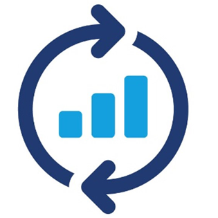 Icon representing data growth and analysis, featuring upward trending bars within a circular refresh symbol, illustrating the concept of continuous improvement and progress in analytics.