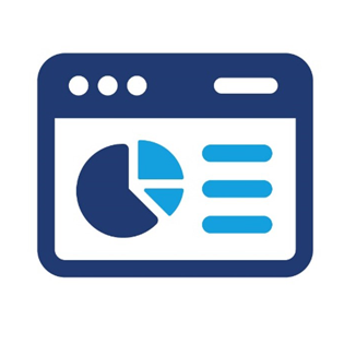 Icon of a computer screen displaying a pie chart and data points, representing data analysis and reporting.