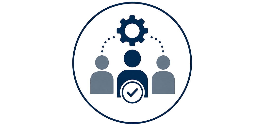 Icon representing consulting services for aligning Asset Performance Management (APM) and Enterprise Asset Management (EAM) with condition monitoring, featuring three figures and a gear symbolizing collaboration and efficiency.