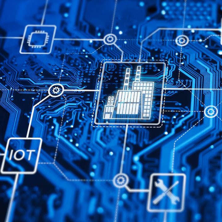 Digital circuit board with industrial factory icon, representing the integration of Asset Performance Management (APM) and Enterprise Asset Management (EAM) with condition monitoring technologies.