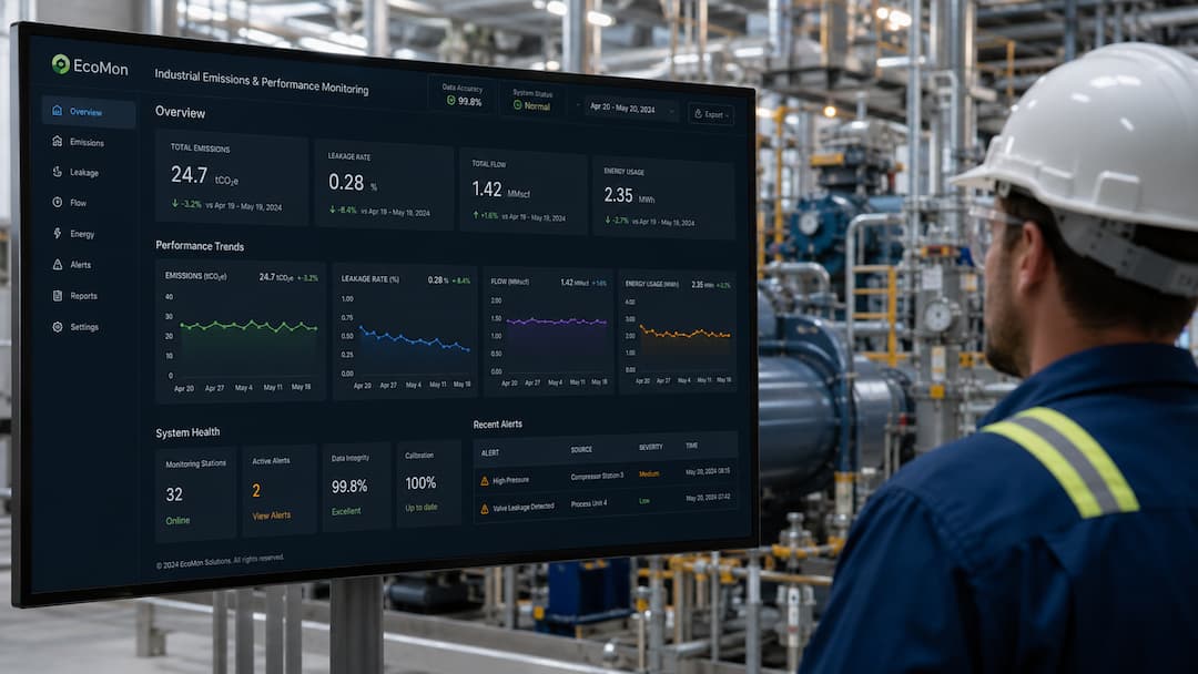 Industrial emissions monitoring dashboard displaying total emissions, leakage rates, and energy usage metrics. A worker in a safety helmet observes performance trends and recent alerts in a facility setting. The interface features data accuracy and system health indicators, emphasizing real-time monitoring solutions for emissions management.