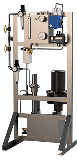 Oil mist lubrication system featuring a metal frame with various components, including filters, pressure gauges, and a reservoir, designed for efficient lubrication in industrial applications.